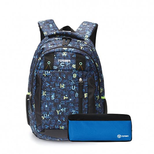 Рюкзак TORBER CLASS X, темно-синий с рисунком "Буквы", полиэстер, 45 x 32 x 16 см + Пенал в подарок! T5220-NAV-BLU-P