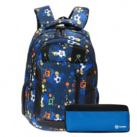 Рюкзак TORBER CLASS X, черно-синий с рисунком "Мячики", полиэстер, 45 x 32 x 16 см + Пенал в подарок T5220-BLK-BLU-P