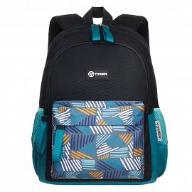 Рюкзак TORBER CLASS X Mini, чёрный/бирюзовый с орнаментом, полиэстер 900D + Мешок для обуви в подаро T1801-23-Bl-B 