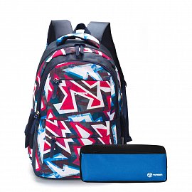 Рюкзак TORBER CLASS X, темно-синий с розовым орнаментом, полиэстер, 45 x 30 x 18 см + Пенал в подаро T2602-NAV-BLU-P 