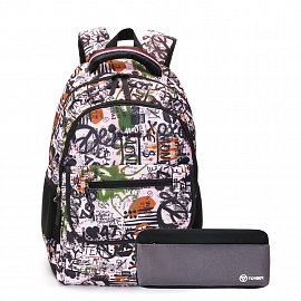 Рюкзак TORBER CLASS X, черно-белый с рисунком, полиэстер, 45 x 30 x 18 см + Пенал в подарок! T2743-WHI-BLK-P 