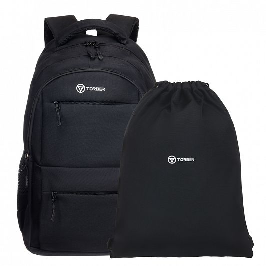 Рюкзак TORBER CLASS X, черный, полиэстер 900D, 45 x 30 x 18 см + Мешок для сменной обуви в подарок! T2602-23-BLK