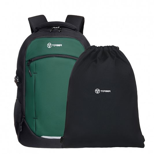 Рюкзак TORBER CLASS X, чёрно-зелёный, 46 x 32 x 18 см + Мешок для сменной обуви в подарок! T9355-23-Bl
